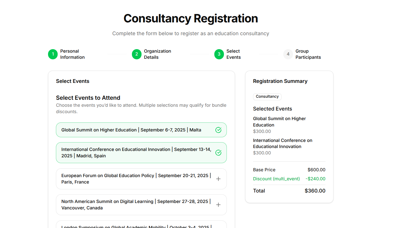 Multi-step registration form for consultancies with dynamic event selection