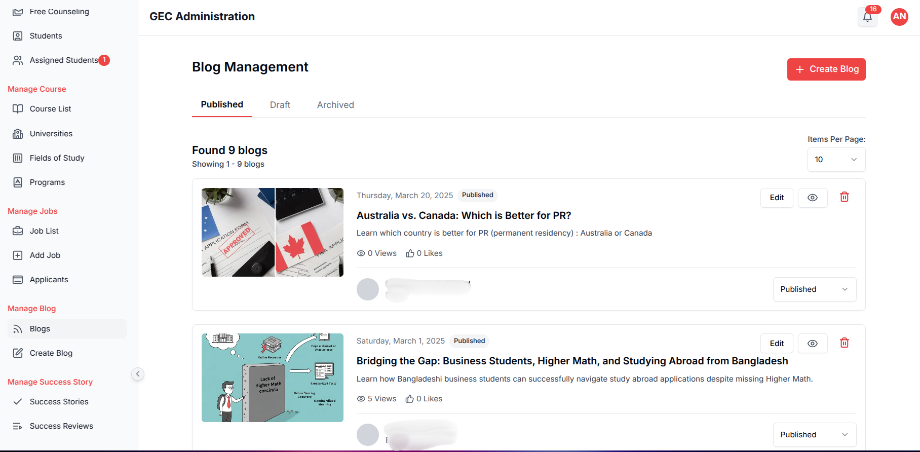 Blog management interface