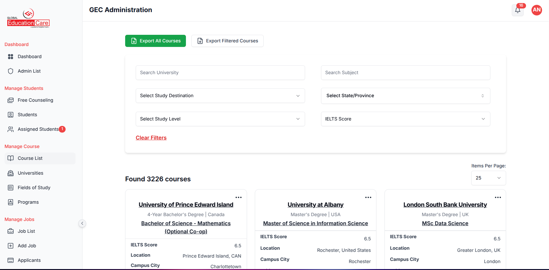 Course management panel