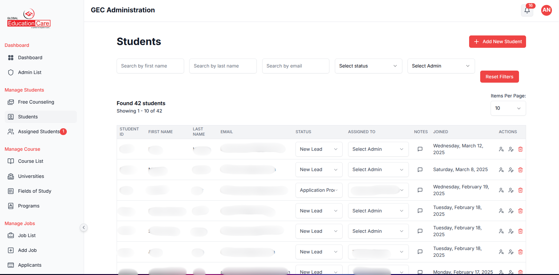 Student profile management interface