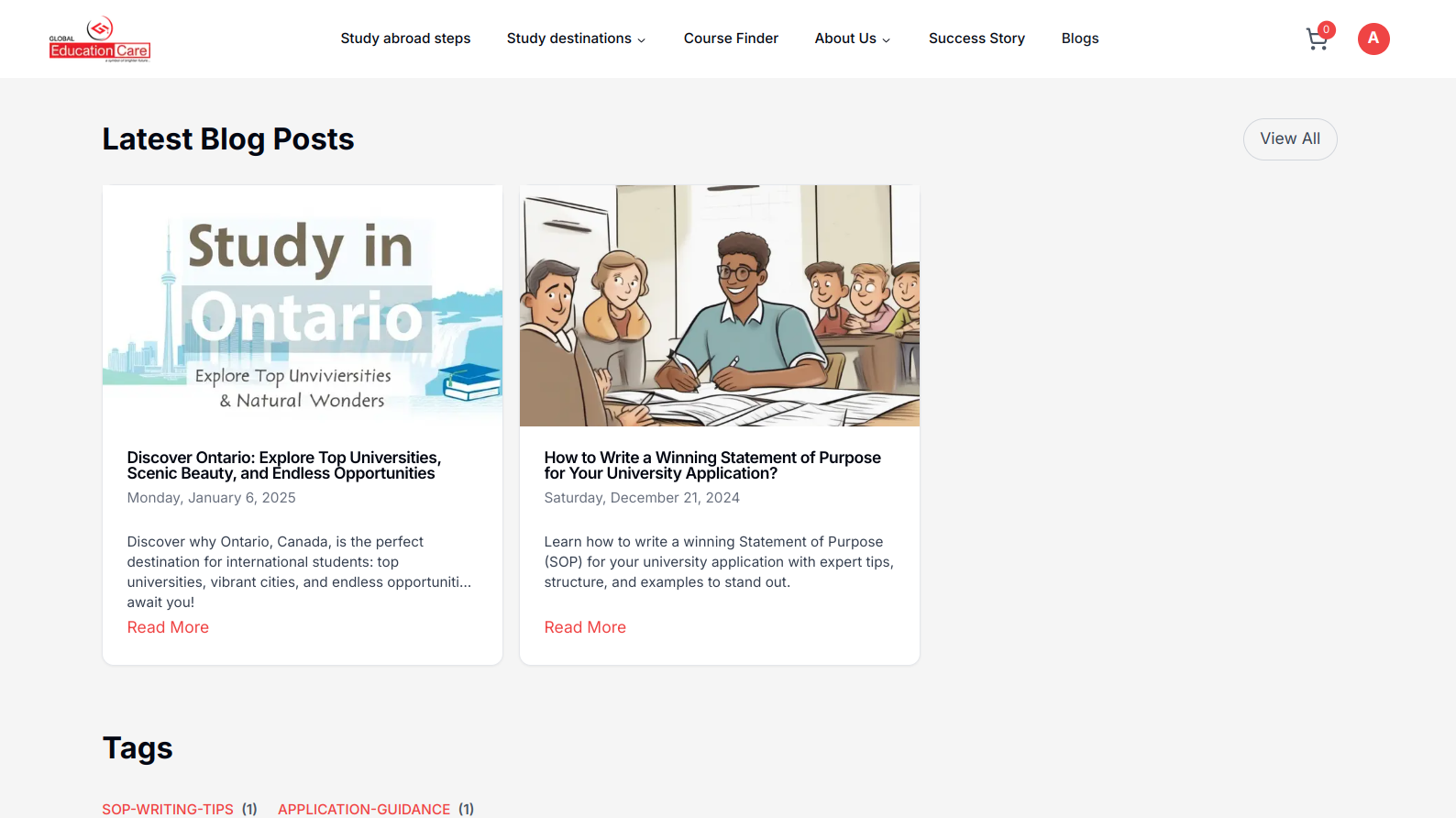 Blog section with educational content