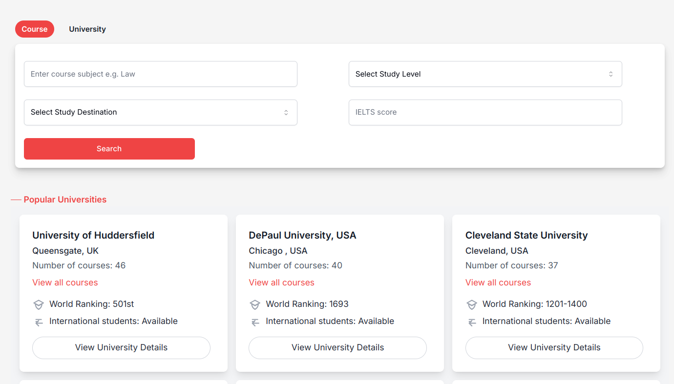 Course finder with search and filter options