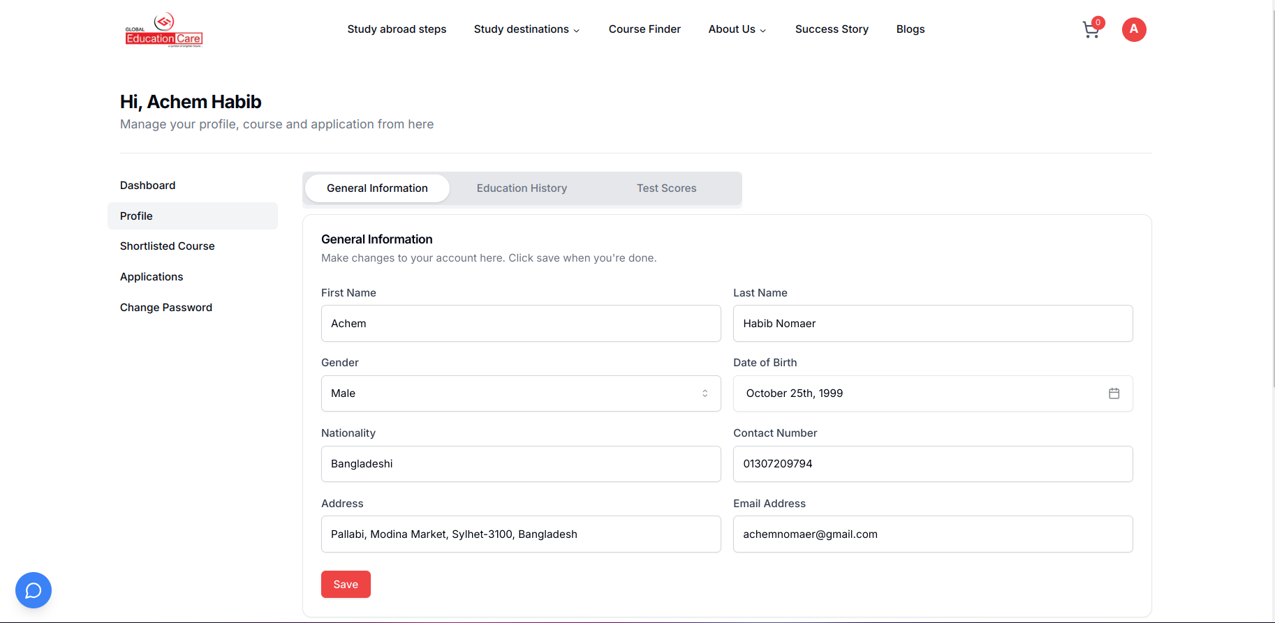 User dashboard for profile and applications